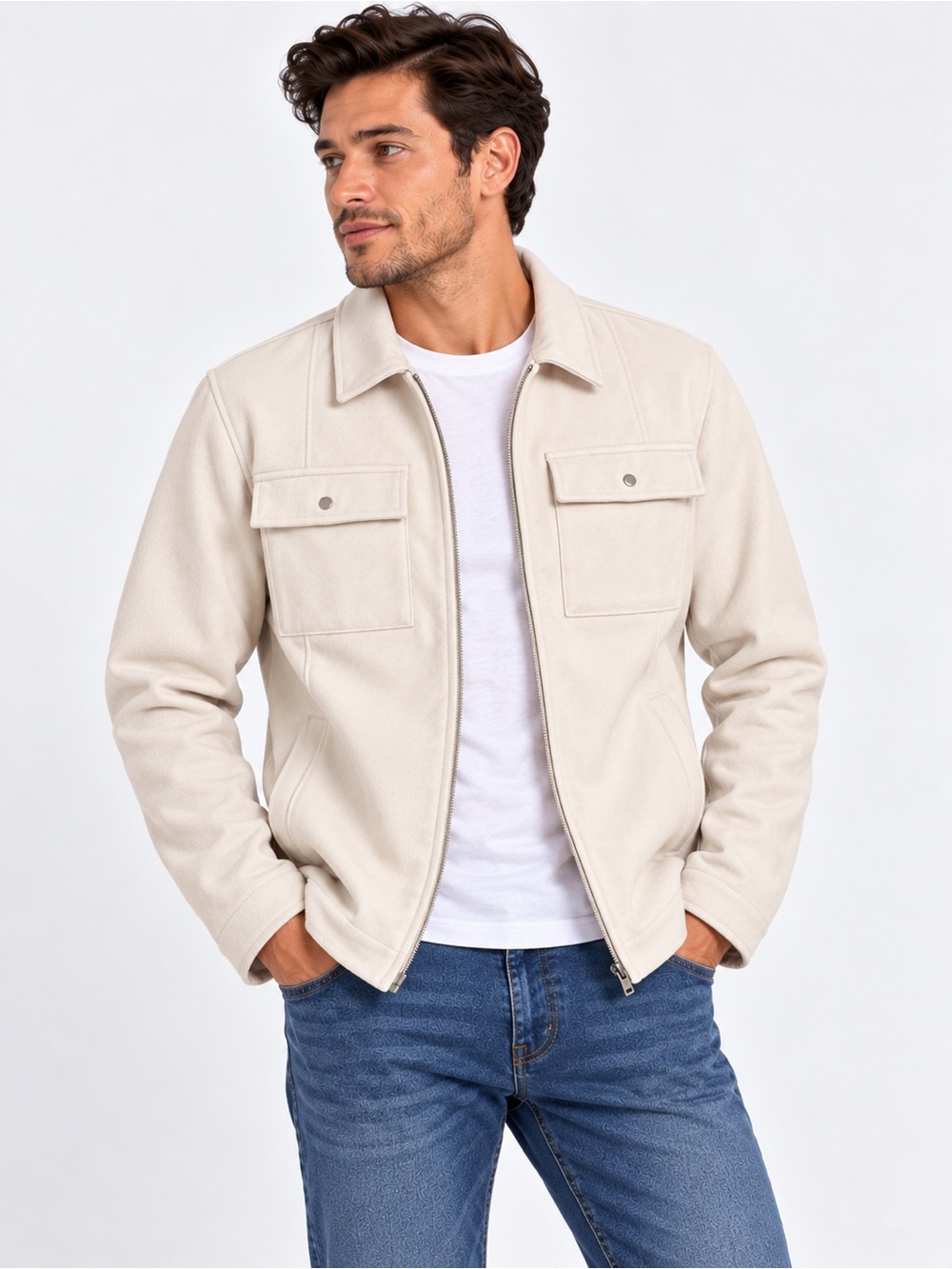 ASOS Design Men's 2XL Cream Zip Front Shacket Jacket Cotton Utility